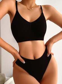 Juego de lencería sin costuras de bra y panty liso - Negro - Ver 5