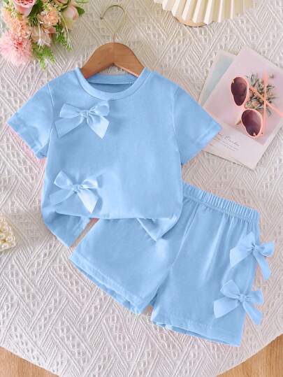 SHEIN 2pcs Young Girl' Casual Sweet Daily Round Neck Puff Sleeve Short T-Shirt And Elastic Waist Shorts Set Young Girl Summer Outfits Young Girls Sets