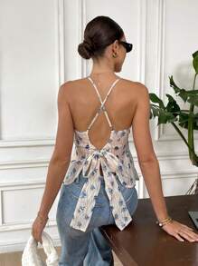 Serisse 女士花卉印花露背打结吊带背心，度假风格