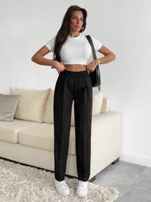 SHEIN Tall 女式高码纯色褶皱细节裤 - 黑色 - 查看 3