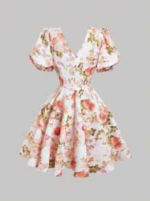 SHEIN MOD 泡泡袖花朵印花V领短款连衣裙 - 彩色 - 查看 2