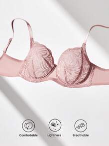 LUVLETTE 加大码女士两件套性感内衣套装，全罩杯无衬垫棕色蕾丝优雅网纱显瘦文胸，蕾丝文胸内裤配套套装 - 藕粉色 - 查看 8