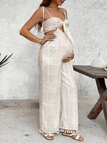 SHEIN Áo ống ngực nhiều màu + áo liền quần dây thừng cho phụ nữ mang thai khi đi nghỉ Quần áo bà bầu Bộ đồ hai mảnh Trang phục đi biển - Màu Khaki - Xem 7