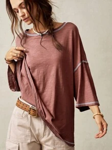 Bohemela Plain Knit Casual Round Neck Short Sleeve Plus Size Washed T-Shirt For Plus Size,Vintage