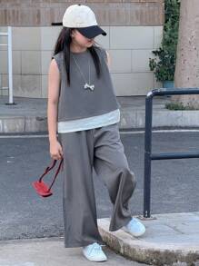 Dazy Kids 2 件套幼儿女童无袖圆领上衣 + 阔腿裤，夏季服装 - 灰色 - 查看 3