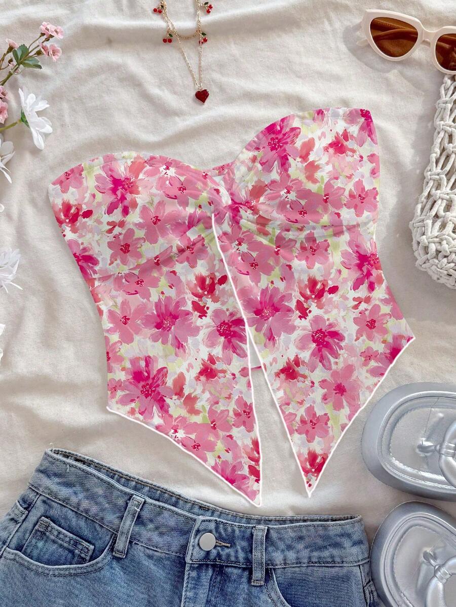 Soleia Women Casual Front Twist Asymmetrical Hem Slim Fit Tube Top, Suitable For Summer, Vacation, Pink Ditsy Floral, Sweet,Springbreak ,Brunch-Ready - Multicolor - View 1