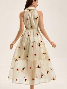 Aveloria Apricot Background Embroidered Standing Collar Half-Open Front Sleeveless Dress All Over Print  For Summer Spring Fall Autumn