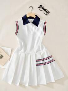 SHEIN Young Girls Casual Fashion Lapel Sleeveless Pleated Dress - White - View 1