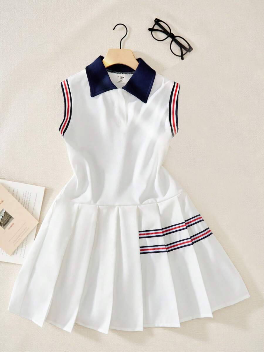 SHEIN Young Girls Casual Fashion Lapel Sleeveless Pleated Dress - White - View 1