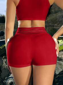 SHEIN SXY Women's Summer Low Waist Solid Color Hollow-Out Sexy Shorts - Red - View 2