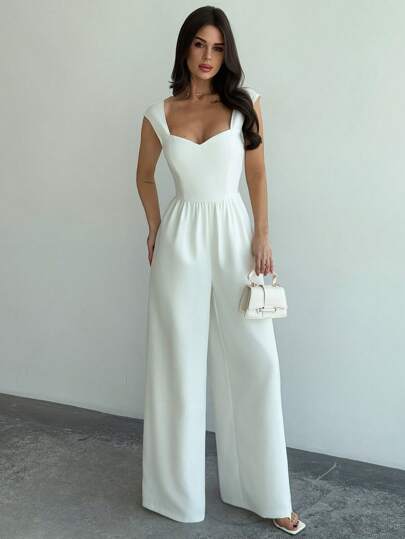 Firerie Women's Stylish Elegant Minimalist Jumpsuit, Versatile For Commute, Vacation And Outings, Featuring Sweetheart Neck And Wide-Leg Design In White, Summer