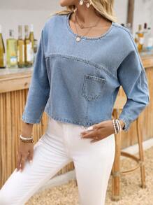 SHEIN LUNE Women's Casual Daily Washed Round Neck Patch Pocket Denim Blouse