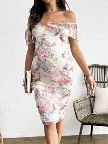 SHEIN Váy bầu lưới thêu hoa 3D thanh lịch, giản dị, mơ mộng - Nhiều màu - Xem 4
