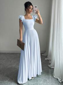 Elenzga 女士优雅纯色方领褶饰连衣裙 - 藍色 - 查看 4