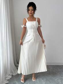 Elenzga 优雅细肩带露肩褶皱设计女式连衣裙 - 杏色 - 查看 4