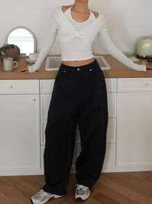 DAZY Women Two Pieces Style Solid Color Twist Front Long Sleeve T-Shirt,Fall Clothes - White - View 2