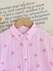 Bộ 2 áo sơ mi kẻ sọc dệt trang trí nơ + quần short rộng rãi, thích hợp cho các buổi đi chơi, tiệc tùng, mua sắm cho các bé gái - Hồng - Xem 5
