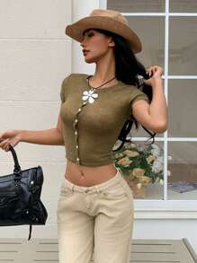 SHEIN EZwear 女式夏季纯色圆领短袖短款修身仿门襟上衣 - 軍綠色 - 查看 3