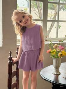 SHEIN LMoss Kids 2pcs Young Girl Woven Solid Color Round Neck Sleeveless Top And Shorts Set