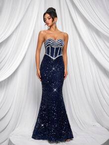 Glamrae Robe de soirée longue élégante et luxueuse faite main avec queue de sirène, décolleté en V, strass bleus et traîne, pour femmes - Bleu azur - Voir 7