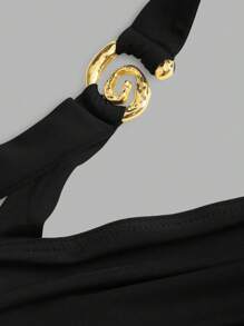 Sweetra New Design Spiral Gold Ornament Waist-Cinching Flared Skirt Mini Dress For Women - Black - View 3