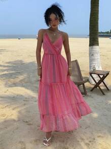 DAZY فستان كاجوال مقلم بحمالات سباغيتي، طراز العطلات، أزياء الشاطئ للسيدات