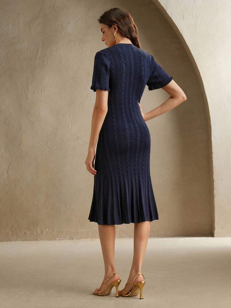 Elegant Solid Color Knitted Heavy-Weight Perforated Twist Rope Aran Cable Knit Long Sleeve Frill Trim Button-Up A-Line Sweater Dress, Suitable For Autumn, Winter, Formal, Party, Fashionable Occasions Such As New Year, Christmas, Work, Graduation, Wedding