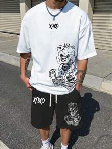 Manfinity Homme 2pcs/Set Men Graphic Short Sleeve T-Shirt And Shorts Set, Fashion For Summer Streetwear, Cozy Outfits - Multicolor - View 1