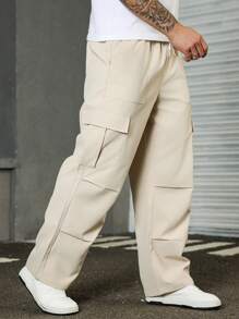 Manfinity Homme Pantalones casuales de unicolor con bolsillos cargo para hombres de talla grande, otoño - Albaricoque - Ver 4
