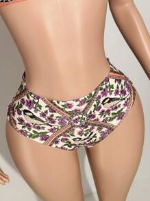 Slaydiva 2 件套 2025 春夏新款邮轮旅行海滩度假阳光花朵印花系带肩比基尼上衣 + 高腰泳衣 - A - 彩色 - 查看 2