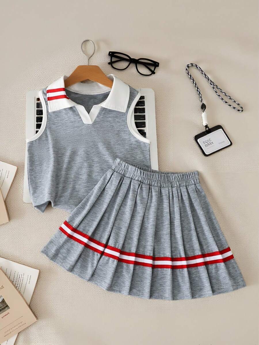 SHEIN Explorewe Young Girl Summer Sports Collegiate Style Tank Top And Pleated Mini Skirt 2 Pieces Set - Grey - View 1