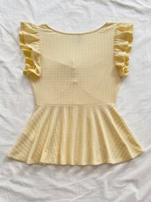 Soleia Women's Vacation Yellow Knitted Textured V-Neck Bowknot Blouse, Casual Wear For Dates, Afternoon Tea, Beach, Cruise, Road Trips, Music Festivals - Yellow - View 2