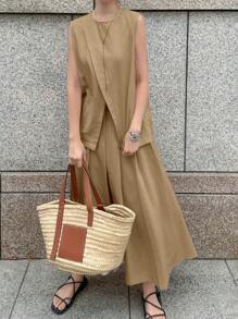 FRIFUL 2pcs Women Holiday Set: Sleeveless Split Hem Top And High Waist Skirt, Retro Style Linen - Khaki - View 2