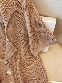 Franclia Women Solid Color Hollow Out Single Breasted Thin Short Sleeve Cardigan - Bronze - View 5