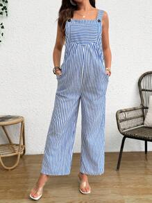 SHEIN Striped Long Square Neck Strap Jumpsuit With Pockets For Maternity - Blue - View 5