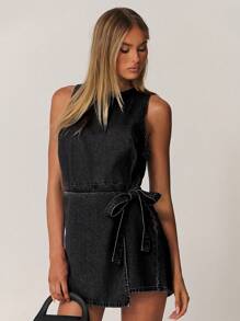 SHEIN Forever 21 女士纯色牛仔背带裤和连体裤，简约时尚，适合夏季 - 黑色 - 查看 6