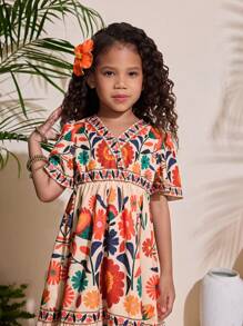 Young Girl Tropical Print V-Neck Short Sleeve Casual Beach Dress, Suitable For Vacation, Spring/Summer - Multicolor - View 5