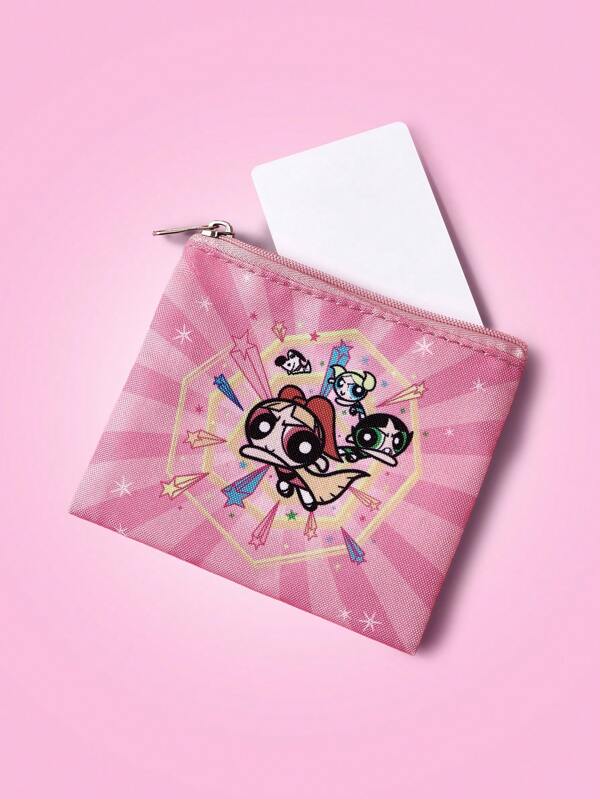 THE POWERPUFF GIRLS X SHEIN محفظة وردية جميلة مزودة بسوستة ذات طباعة أزهار، فقاعات، وأزهار الزنبق