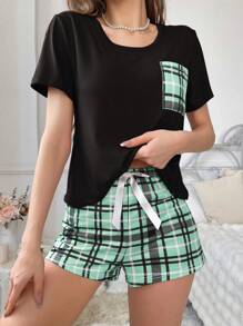 CoupledUp 2pcs Plaid Print Pocket Pajama Set - Plaid Shorts
