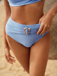 Anewsta Ribbed Design Tie-Strap Split Bandeau Bikini Set For Summer Beach Vacation - Yellow - View 4