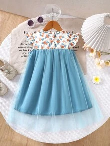 1 Stück Prinzessinenkleid für Kleine Mädchen, Sommerkleid für Kinder mit Blümchen-Muster und Tüll - Verschiedenfarbig - Übersicht 2