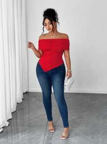 Elenzga Camiseta ajustada con cuello descubierto, volantes y bajo asimétrico para mujer de talla grande