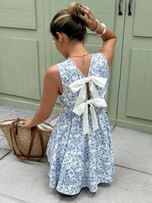 Serisse Women's Vacation Floral Print Backless Bow Sleeveless Mini Dress,Bohemian Clothes Summer Beach Holiday Resort - Blue and White - View 1