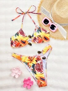 Swim SXY Exotic Fruit & Floral Pattern Drawstring Halter S-Shape Metal Hardware Sexy Beach Bikini Set For Women For Summer Beach Vacation - Multicolor - View 4