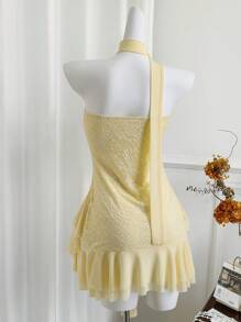 Sweetra Women's Fashion Sexy Lace Patchwork Asymmetric Hem Strapless Mini Dress - Yellow - View 2
