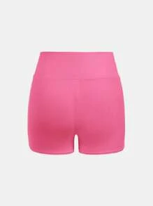 SHEIN 4 条青少年女孩休闲纯色高腰运动瑜伽短裤，春夏 - 玫紅色 - 查看 6