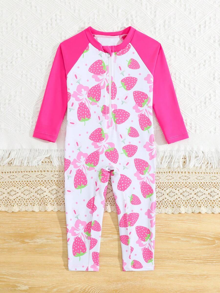 Baby/Baby GirlStrawberry Print Long Sleeve One-Piece Swimsuit, Sun Protection Holiday Beachwear - Multicolor - View 1