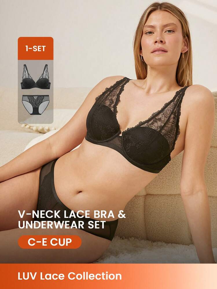 2 pièces Lingerie sexy pour femmes, soutien-gorge minimiseur en dentelle noire élégante et mesh à couverture intégrale, ensemble assorti de soutien-gorge et culotte en dentelle