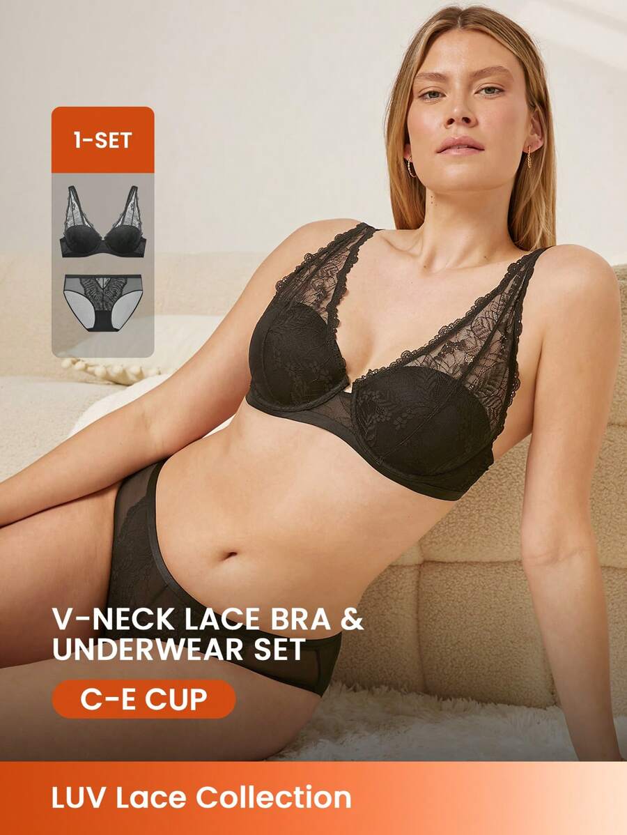 LUVLETTE 2 Stück Damen Sexy Wäsche Volldeckende ungefütterte schwarze Spitze Eleganz & Mesh Minimizer BH Spitzen-BH Panty Matching Sets