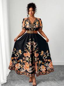 SHEIN Tall 大码女式时尚百搭泰国马尔代夫旅游海滩度假波西米亚印花收腰V领荷叶边连衣裙，适合春夏季，高码 - 彩色 - 查看 5